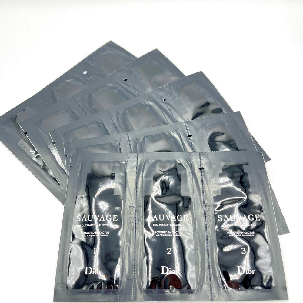 5 Dior Sauvage skincare 3step travel sample size set for men cleaner toner serum